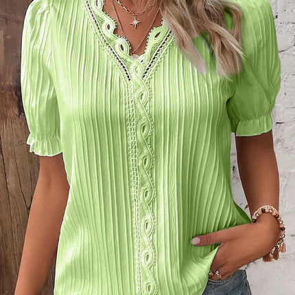 Women's Summer New Top Solid Sexy V-Neck Hollow Short Sleeve Shirt Fashion Splice Plus Size Blouse Loose Street Apparel