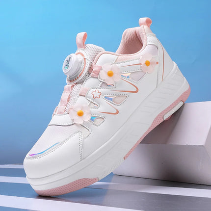 Girls Roller Skates Four-wheel Outdoor Shock-absorbing Casual Sports Shoes Soft Walking Comfortable Flat Wheel Shoes for Kids