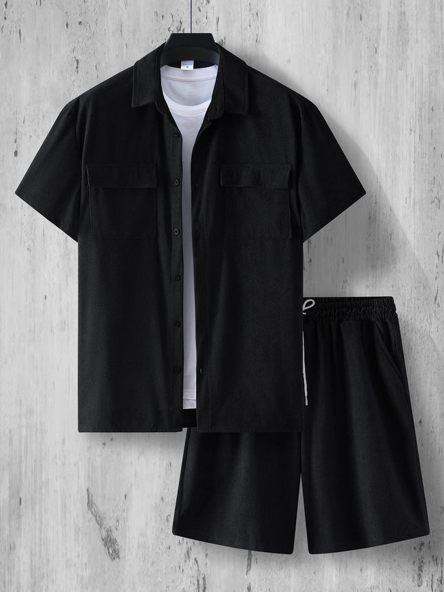 2025 Summer street wear two-piece retro solid color corduroy shirt and shorts set men's fashionable and steady short-sleeved set