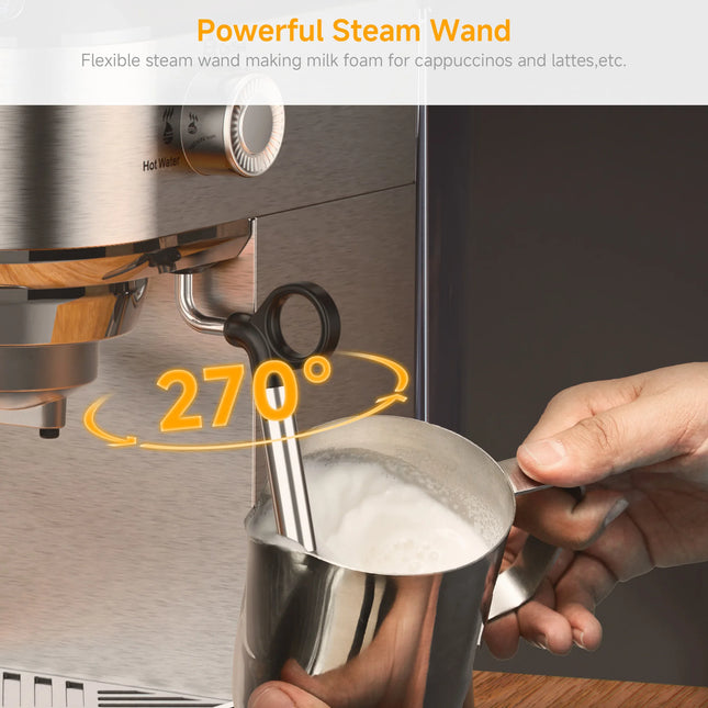 BioloMix Stainless Steel 20 Bar Semi-Automatic Powder Coffee Machine, with Milk Steam Frother Wand, for Espresso, Cappuccino