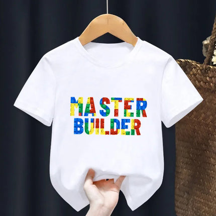 Master Builder Blocks Building Print Cartoon Kids T shirt Girls Summer Tops Baby Boys Clothes Children Short Sleeve T-shirts