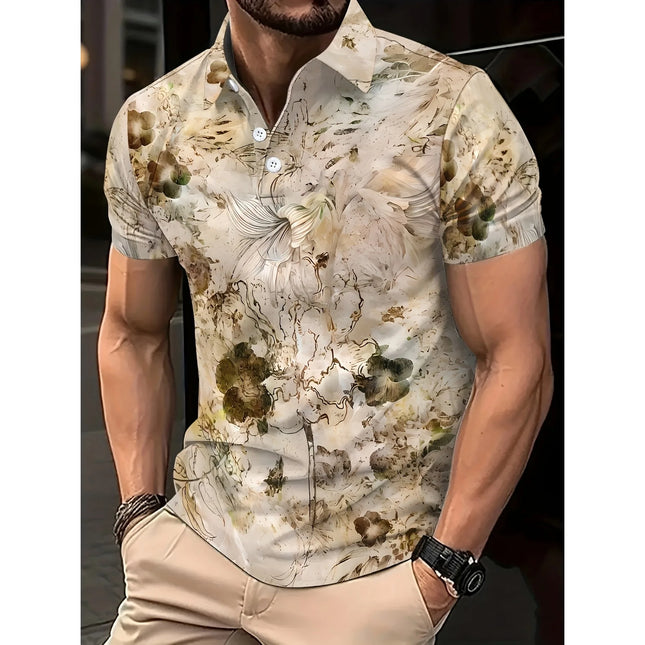 Men's Summer Short Sleeved Printed Button Polo Men's Casual Retro, Short Sleeved Top Polo Shirt Half Button Placket and Collar