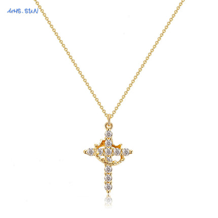 SUNSLL Cubic Zircon Rotatable Crown Cross Pendant Necklaces Classic Stainless Steel Chain Banquet Party Jewelry For Women Men