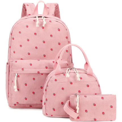 3/set Corduroy Backpacks Strawberry Multi-function Schoolbag Casual Travel Large Capacity Daily Lightweight Students School Bag