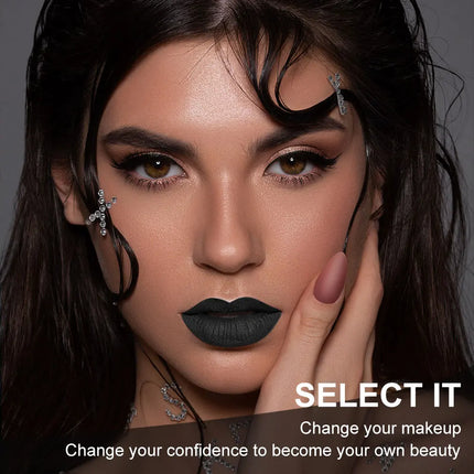 Matte black lipstick, long-lasting waterproof, no creases, Gothic dark makeup party, Halloween cosplay makeup