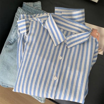Blue Linen Striped Shirt for Women in Summer, Thin Sagging, Lazy and Slimming, Sun Blouse