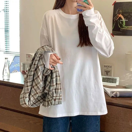 Pure Cotton Long Sleeve White Casual Fashionable Versatile Round Neck Base Layer Top For Spring Autumn/winter Wholesale