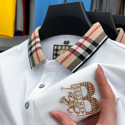 Luxury brand men's short-sleeved polo shirt, summer high-end fashion, plaid embroidery, lapel, casual T-shirt, breathable cotton top