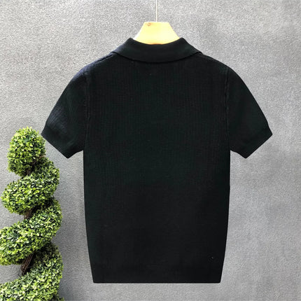 Men's Polo Neck Short Sleeve Knitted Sweater Slim Fit Summer Fashion Turn-down Collar Base Shirt Casual Style Pure Color