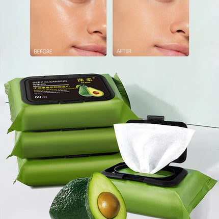 Avocado Makeup Remover Towel - Large Volume 60pcs, 3-in-1 Gentle Deep Cleansing for Eyes, Lips & Face,One-time makeup remover