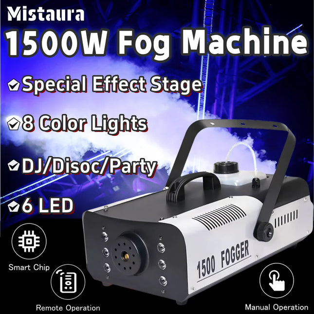 1500W 8-Color Light Smoke Machine 6 LED Remote Control Fog Machine Special Effect Stage Equipment for DJ Disco Party Wedding
