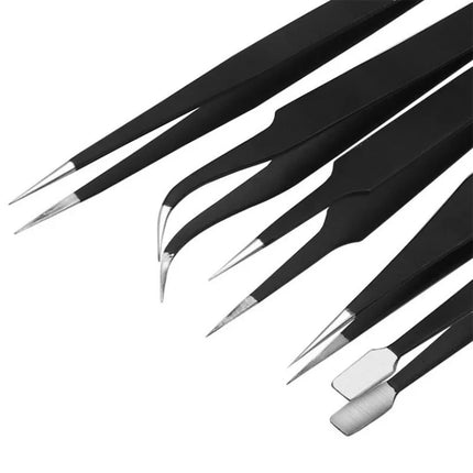 1set Canvas bag leather cover stainless steel black tweezers set anti-static precision pointed 1.5mm nail graft repair