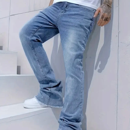 Men's Streetwear Slim Flared Jeans, Y2K Minimalist Washed Denim, Versatile Casual Pants for All Seasons.