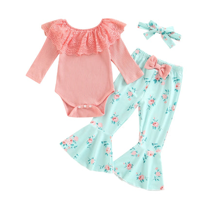 Infant Newborn Baby Girls 3 Pieces Outfit, Lace Ruffles Knitted Ribbed Romper + Leopard/Floral Print Flare Pants + Headband Set