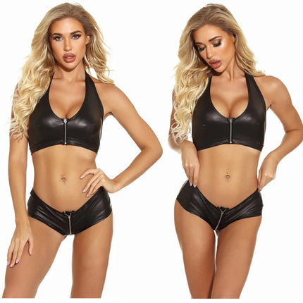 Leather Sexy Women's Crop Top, Black Wet Look Corset, Ladies Fashion Festival Clothing, Sleeveless Slim Zipper Clubwear