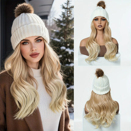 20inch Long Water Wavy Synthetic Hairpiece Beanie Hat - Woven Wigs with Knit Pom Cap and Warm Winter Design - Soft, Detachable,