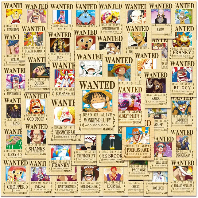 50/100pcs One Piece Wanted Posters Stickers Cool Cartoon Decal Laptop Scrapbooking Phone Case Wall Graffiti Anime Sticker Toy
