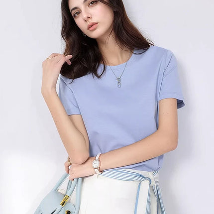 SuyaDream Women Solid T shirts, Silk Cotton Blend, O Neck, Short Sleeved Solid Tee,2025 Summer Candy Colors Basic Cozy Top Green