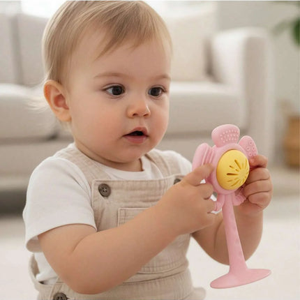 1PK Silicone Flower Suction Toy. Rattle & Sensory Teether for Babies. BPA-Free, Safe & Perfect for Fine Motor Skills.