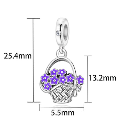 925 Sterling Silver Inlaid Heart-Shaped Beads & Rose Dangle Charm Fits Snake Bracelet Boutique Necklace Purple Pendant Gift