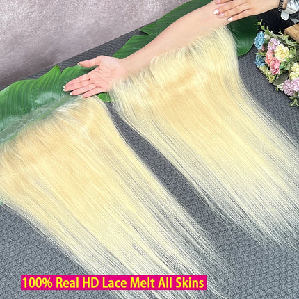 #613 Blonde Colored 13x6 13x4 Invisible HD Lace Frontal Melt Skin PrePlucked Bleached Knots Straight 100% Raw Virgin Human Hair