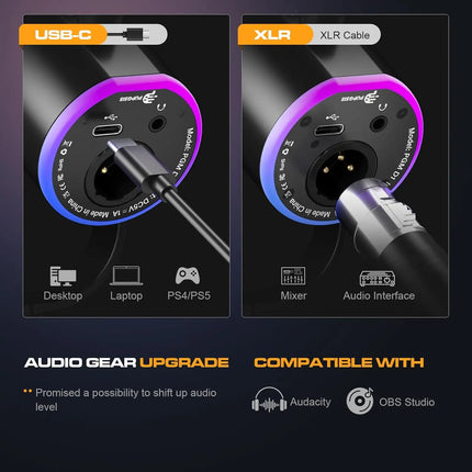 XLR/USB Podcast Microphone, Gaming Mic with Mute Button, Reverb Effects, Noise Cancellation, Boom Arm Stand, Headphones Jack