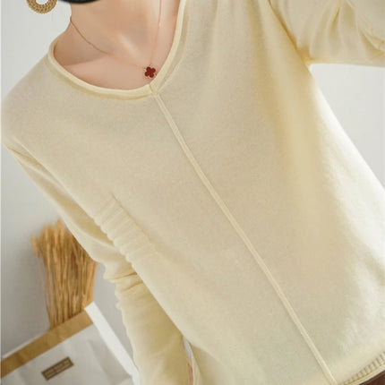 2023 Autumn/Winter Women's New Pullover Casual Solid 100% Cotton Knitted V-Neck Loose Sweater Fashion Soft Breathable Top