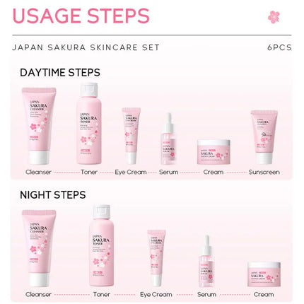 6pcs/Set Sakura Skin Care Sets Face Cream Serum Toner Facial Cleanser Sunscreen Eye Cream Face Skin Care Set Product Gift box
