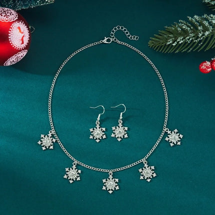 Luxury Zinc Alloy Christmas Jewelry Set Colorful Rhinestone Xmas Dangle Earrings Pendant Snowflake Necklace Women