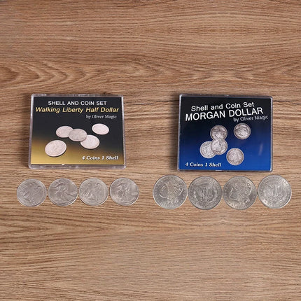 Walking Liberty Half Dollar Shell and Coin Set/Morgan Dollar Shell and Coin Set (4 Coins 1 Shell) By Oliver Magic Tricks Props