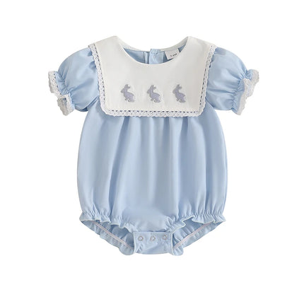 0-18M Newborn Baby Girl Easter Romper Short Sleeve Round Neck Bunny Embroidery Bodysuit Newborn Outfit