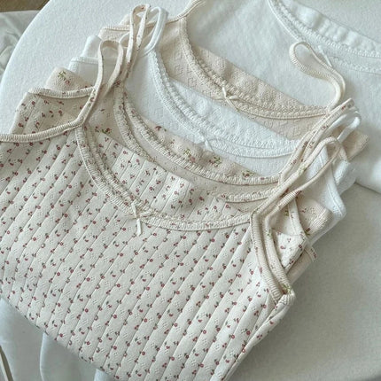 Sweet Floral Print Eyelet Bow Cropped Vests Women Cotton Casual Slim Lace Trim Tank Tops Vintage Preppy Style Cute Camisole Y2K