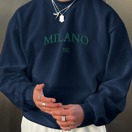 Men's autumn and winter fashionable casual loose MILANO 96 print fleece pullover long sleeved round neck sweatshirt