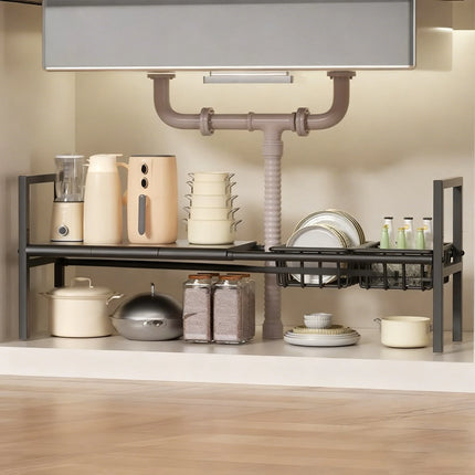 Under-Sink Kitchen Storage Rack/Shelf, Extendable, Single/Double Layer Storage Solution, Made of Steel, Perfect for Kitchen Use, Ideal for Laundry Rooms, under the Sink, Maximizes Space, Easily Stores Various Bottles and Spic