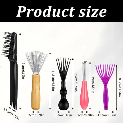 5-Piece Comb and Brush Cleaner Tool Set - Hair Brush Rake, Cleaning Brush, Maintenance Comb for Home and Salon