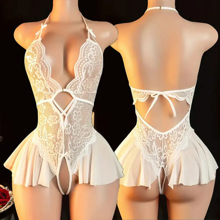 Pink Delicate Lingerie With Skirt Hem Front Buckle Bra And Panty Crotchless Set Women Drees Halter-neck Backless Sexy Underwear