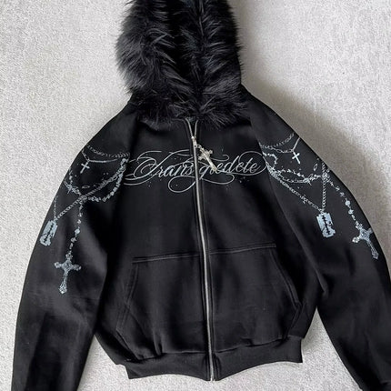 2026 New American Fashion Trend Goth Printed Zipper Hoodie Women Street Hip Hop Punk Rock Sweatshirt Unisex Casual Loose Hoodie