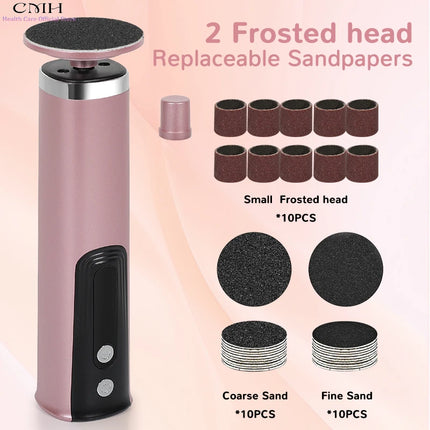CMH Dual-Head Metal Electric Foot Grinder Portable Rechargeable Callus Remover Dead Skin Remover with Multiple Free Accessories