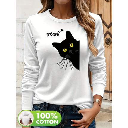 Cotton Long Sleeve T-Shirt Black Cat Graphic Soft Everyday Basic Top Tee Women Funny Long-sleeved T-Shirt