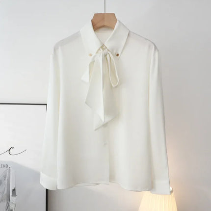 Elegant Long Sleeve Bow Tie Collared Whiteshirt Women's Professional Interview Shirt 2024 New Autumn Collection
