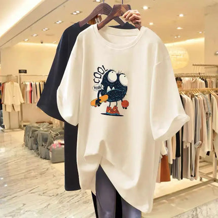 Summer Fashion Y2K Hand-Painted Print T-shirt Women Pure Cotton O-neck Short Sleeve Basic Top Tee Chic Loose Pullover 45-105Kg