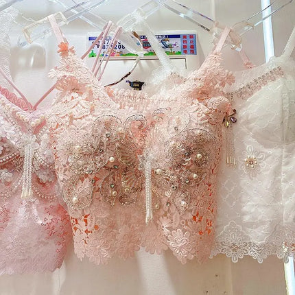 Women's Clothing Heavy Beaded Floral Tank Sexy Crop Tops Ropa Mujer Lace Butterfly Top Navel-Baring Sexy Cropped Top Summer Camis