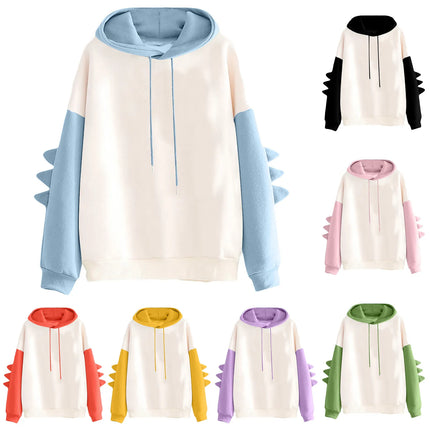 Women Cute Kawaii Japanese Style Hoodies Dinosaur Long Sleeve Drawstring Hooded Pullover Tops Color Blocking Casual Sweatshirts