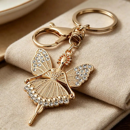 Cute Ballerina Keychain Diamond Encrusted Ballet Girl Keychain Rhinestone Ballerina Pendant with Rotating Lobster Clasp