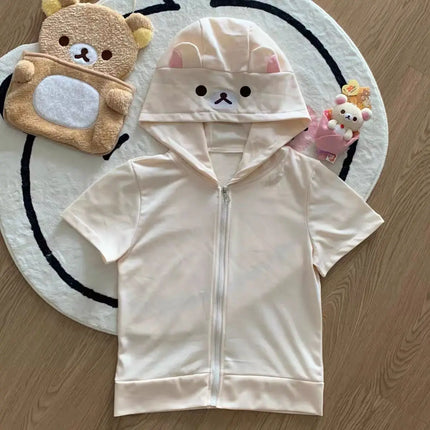 Cute Bear Ear Hooded Jacket Y2K Japanese Style Long Sleeve Zipper Casual Second Hand Women's T-shirt Spring Autumn Winter