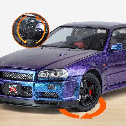 1:18 Skyline Ares GTR GT-R R34 Alloy Sports Car Model Diecasts Metal Racing Car Vehicles Model Simulation Sound Light Kids Gifts
