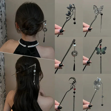 New Chinese Style Butterfly Flower Tassel Hair Stick for Women Vintage Metal Hanfu Chopstick Hair Sticks Ebony Hair Accessories