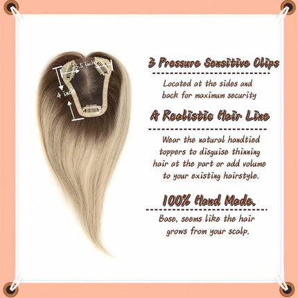 100% Remy Human Hair Natural Hair Topper HairPieces for Women Silk Base 3Clip in Toppers Hair Swiss Lace Hair Topper Breathable