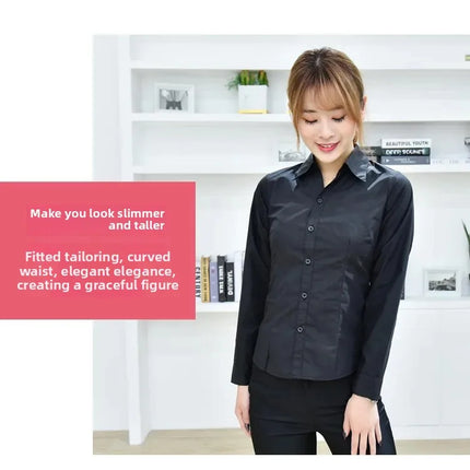 Black Long Sleeve Women's Shirt Professional Formal V-neck Workwear Slim Fit Cotton Work Uniform Button-up Casual Shirt