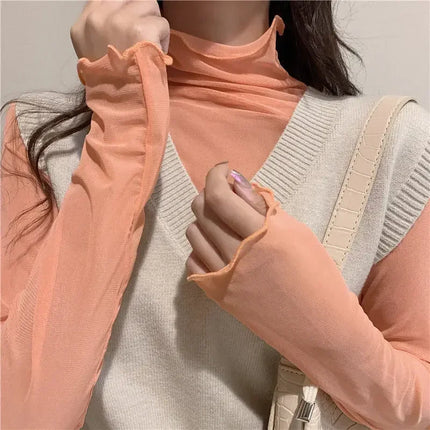 High Neck Sheer Mesh Top Women Clothing Long Sleeve Turtleneck T-shirt Korean Sexy See Through Black White Beige Shirt New